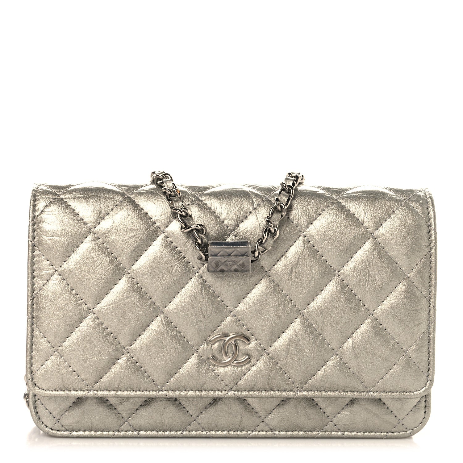 Chanel Metallic Crumpled Calfskin Quilted Flap Charm Wallet On Chain WOC Silver 1 of 12