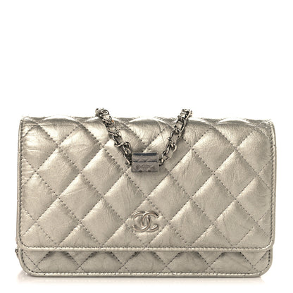 Chanel Metallic Crumpled Calfskin Quilted Flap Charm Wallet On Chain WOC Silver 1 of 12