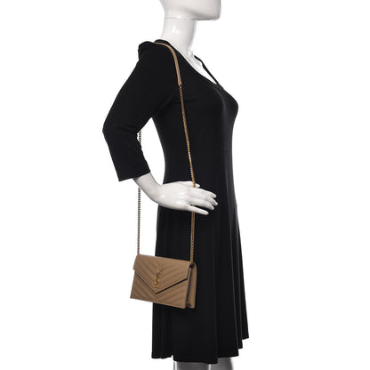 Saint Laurent Grain De Poudre Matelasse Chevron Monogram Envelope Chain Wallet Dark Latte 2 of 10