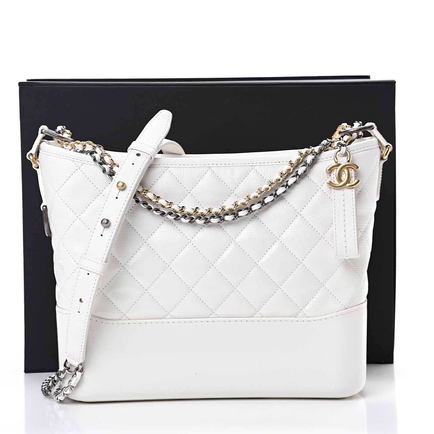 Patent Goatskin Quilted Medium Gabrielle Hobo White