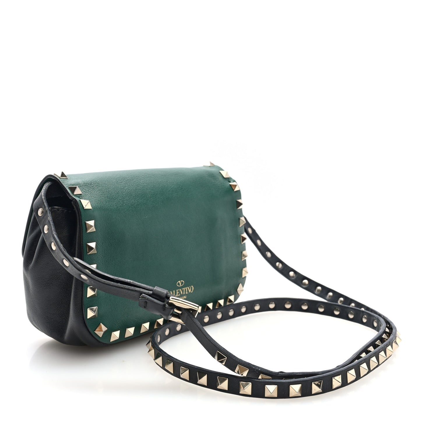Vitello Small Rockstud Flap Saddle Bag Smeraldo Black