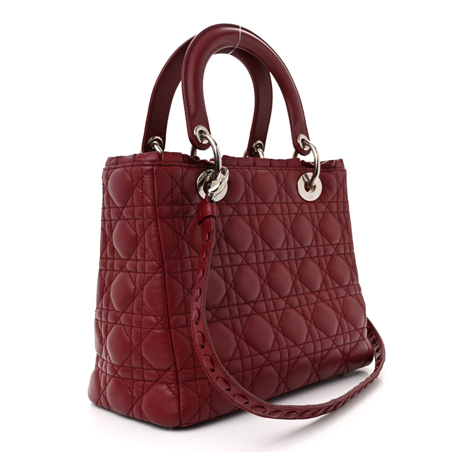 Christian Dior Lambskin Cannage Ruffle Trim Medium Lady Dior Burgundy 3 of 14