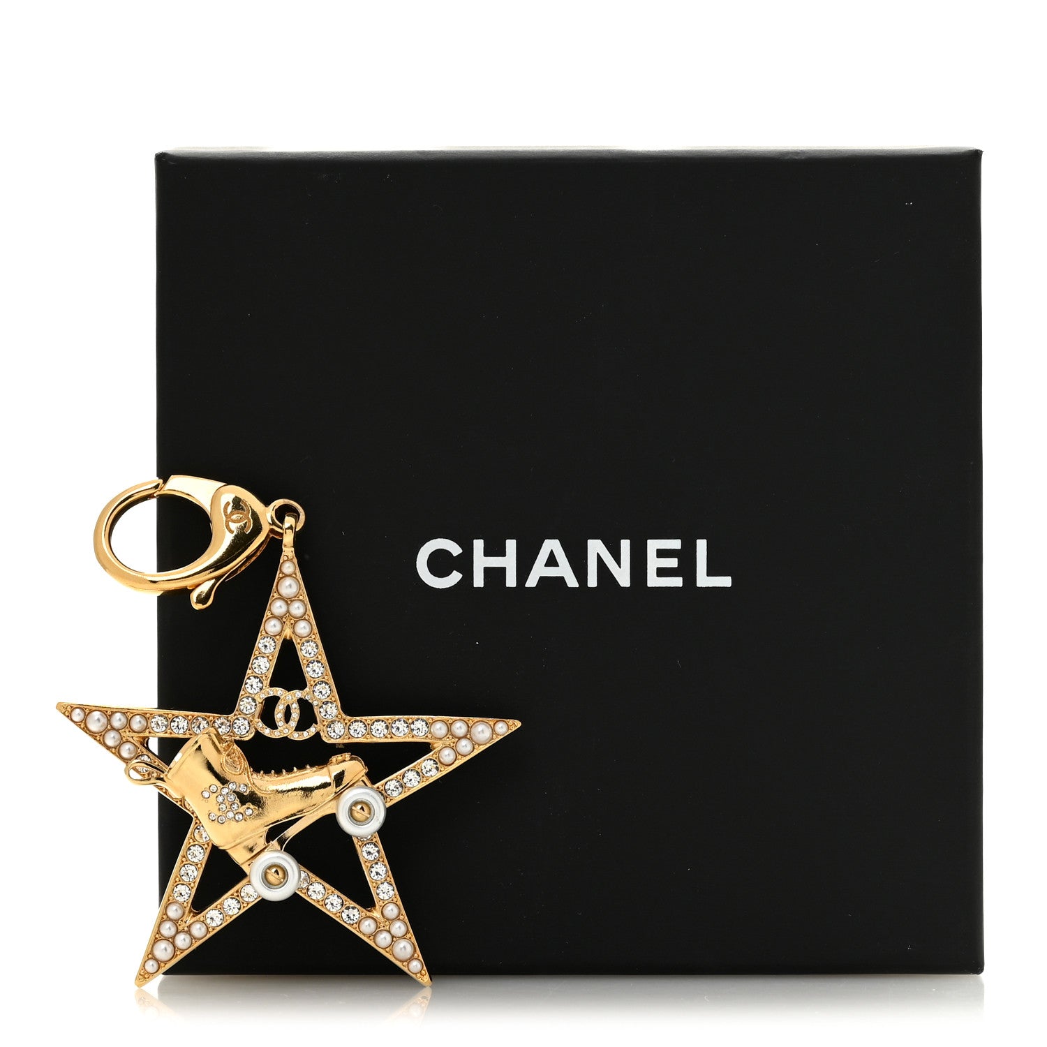 Chanel Crystal Pearl Roller Skate Star Keychain Gold 4 of 4