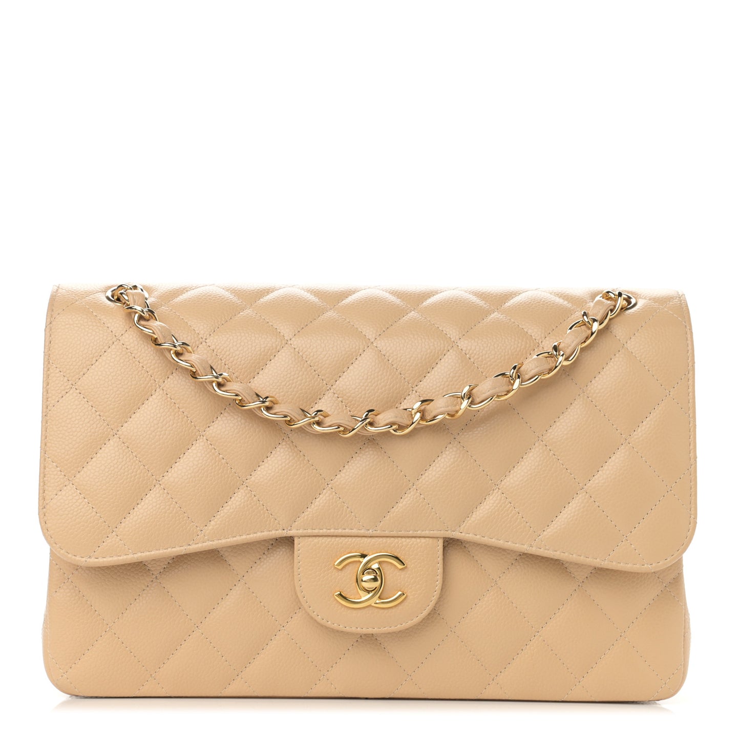 Caviar Quilted Jumbo Double Flap Beige Clair