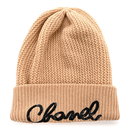 Chanel Cashmere Sequin Logo Beanie Hat Beige 1 of 7