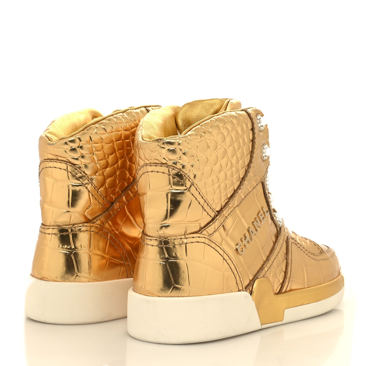 Metallic Calfskin Crocodile Embossed Cocodile High Top Sneakers 38 Gold