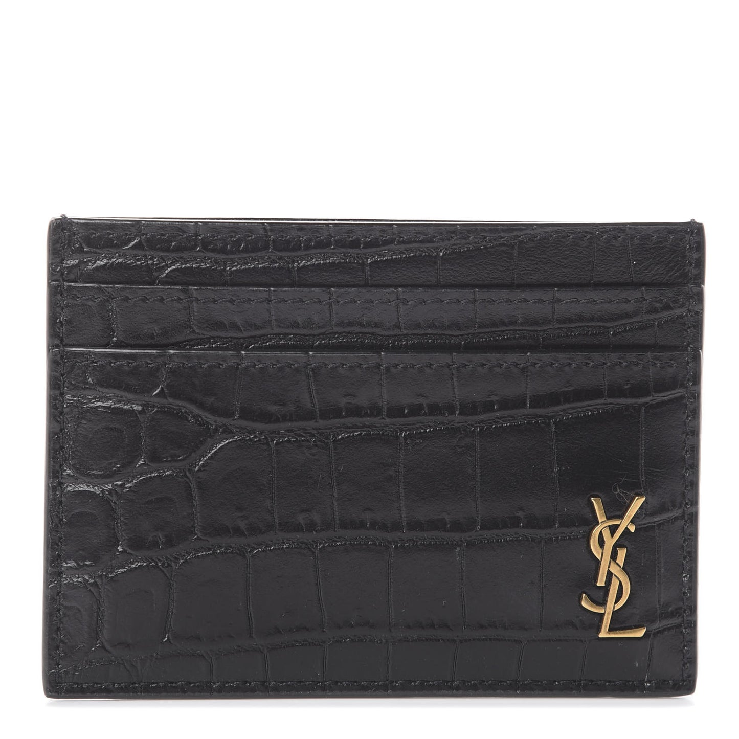 Calfskin Crocodile Embossed Monogram Tiny Cassandra Credit Card Case Black