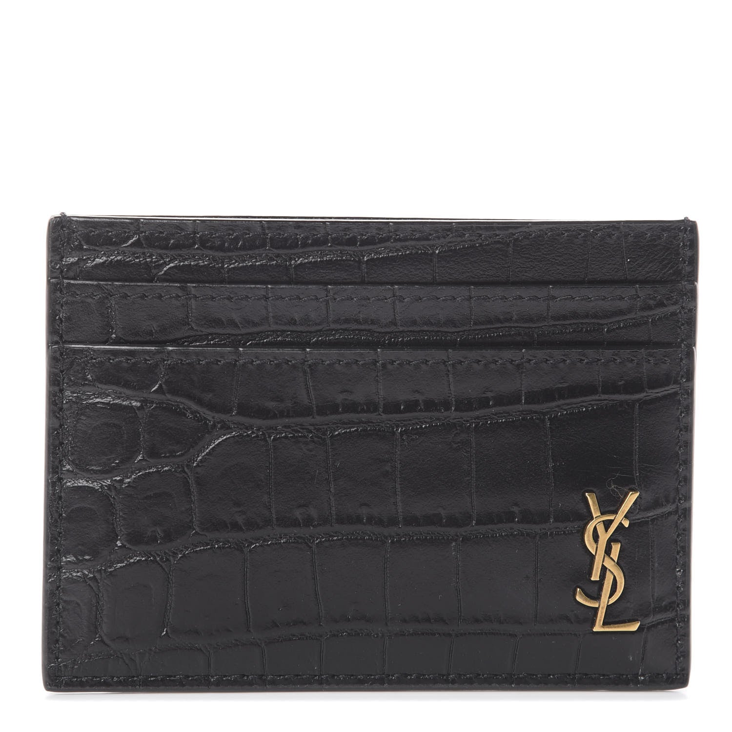 Saint Laurent Calfskin Crocodile Embossed Monogram Tiny Cassandra Credit Card Case Black 1 of 6