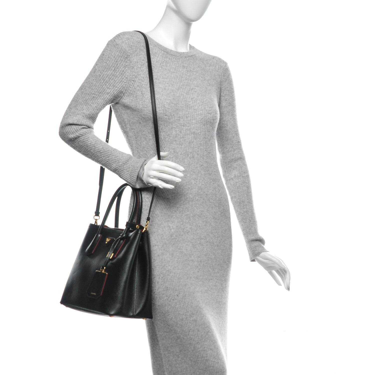 Prada Saffiano Cuir Medium Double Bag Black Fuoco 2 of 7