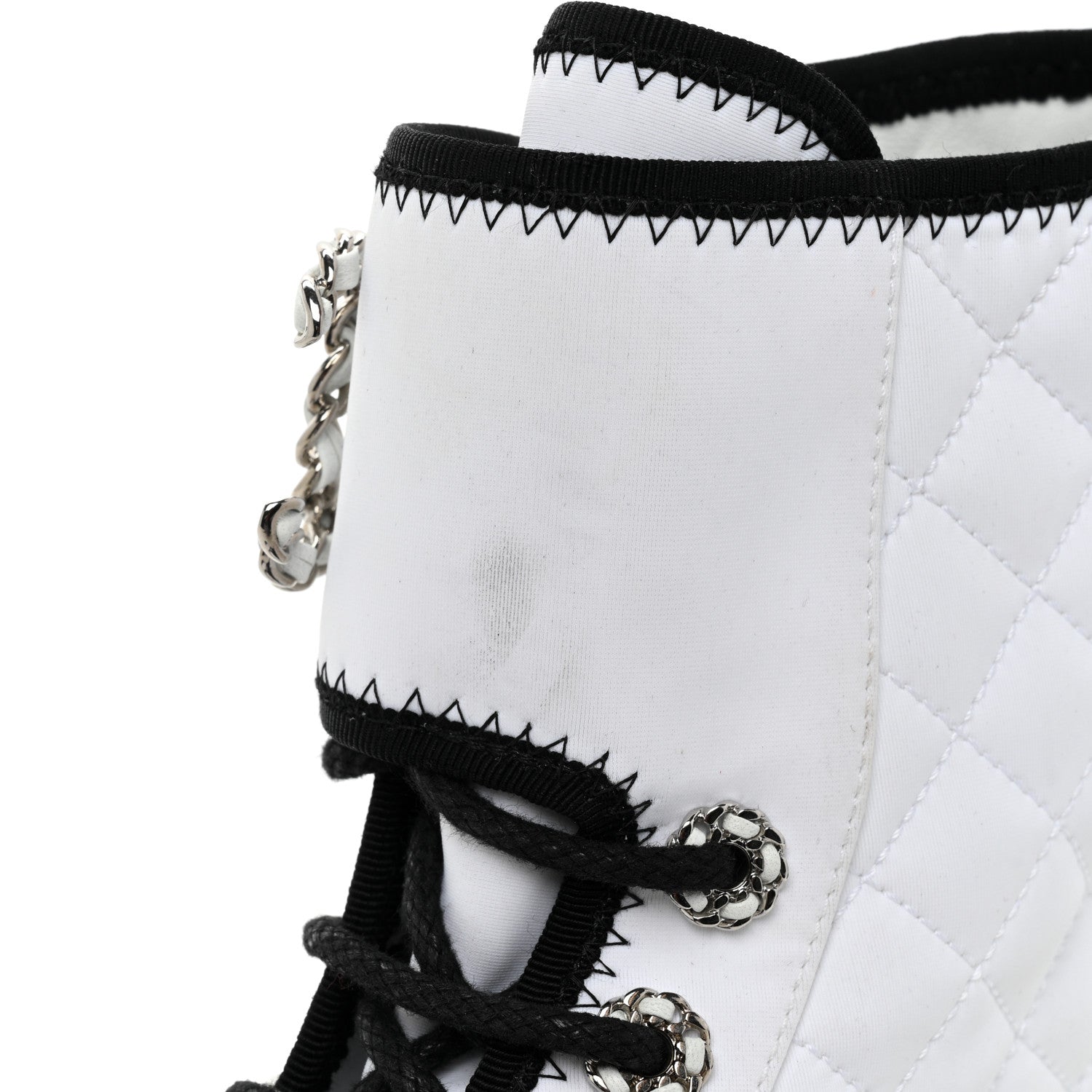 Chanel Fabric Grosgrain Quilted Cap Toe Lace Up Combat Boots 37 White Black 9 of 11
