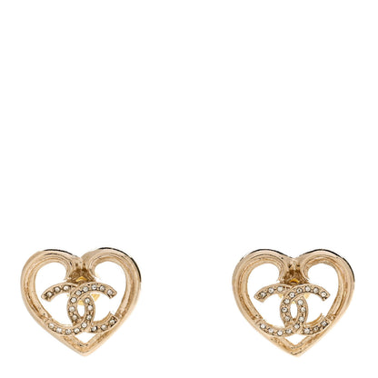 Chanel Metal Crystal CC Logo Heart Earrings Gold 1 of 5