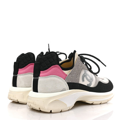 Chanel Suede Calfskin Womens CC Sneakers 37.5 Black Grey Ivory 4 of 9