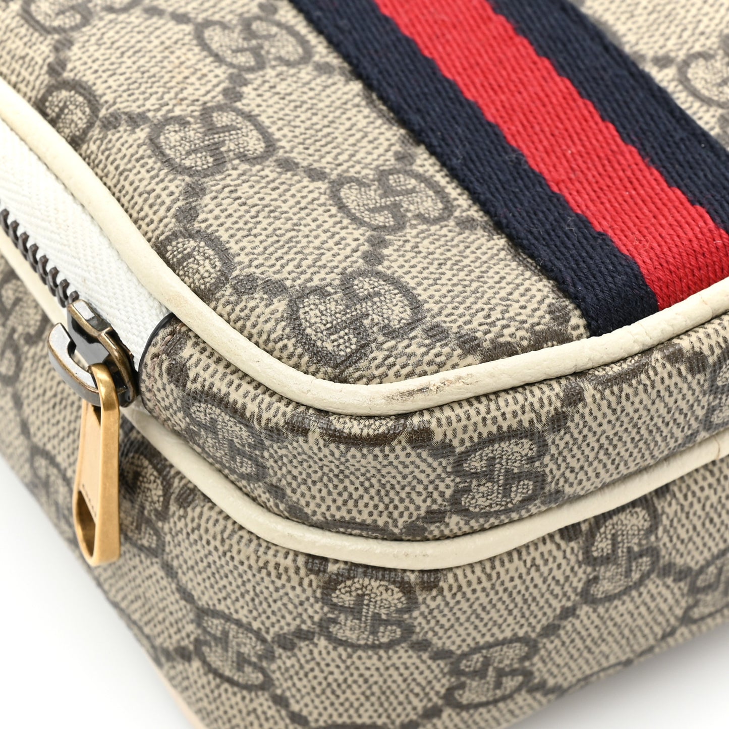 GG Supreme Monogram Web Mini Ophidia Double Zip Messenger Bag Beige Ebony Mystic White