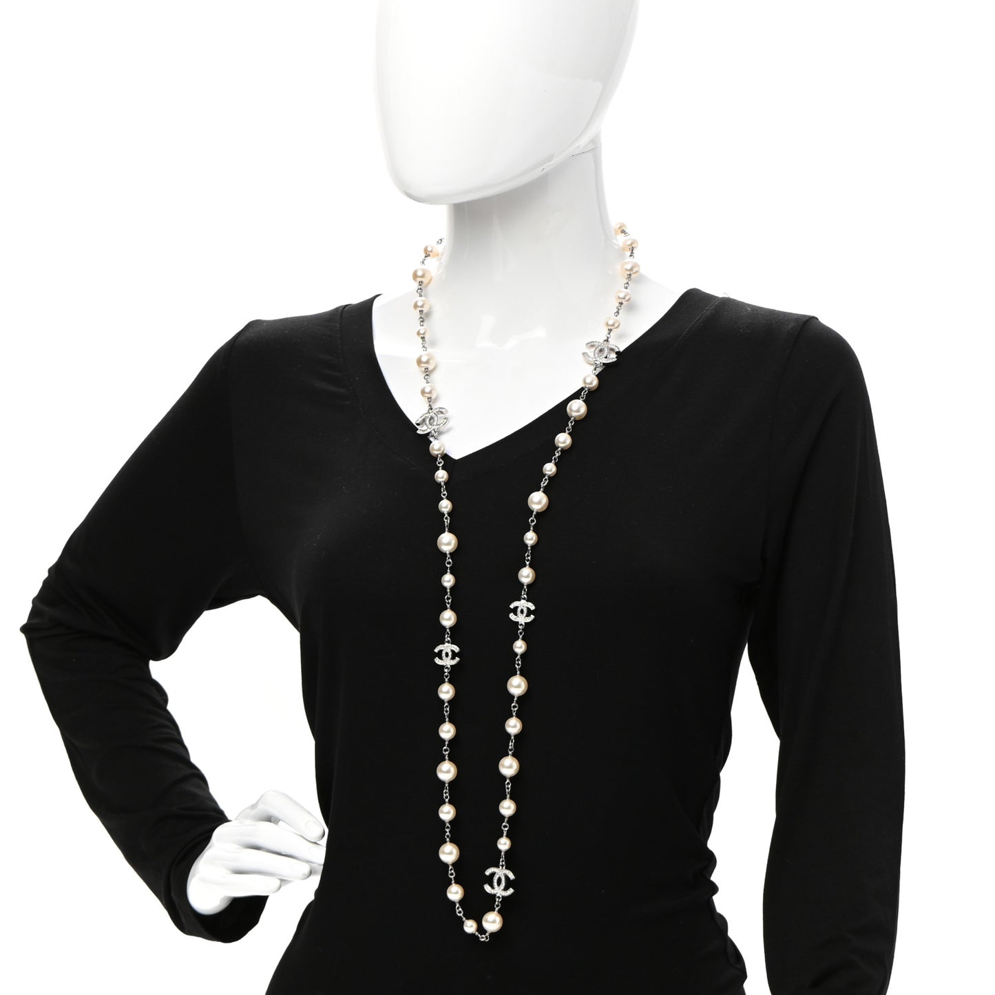 Graduated Pearl Crystal CC Long Necklace Silver