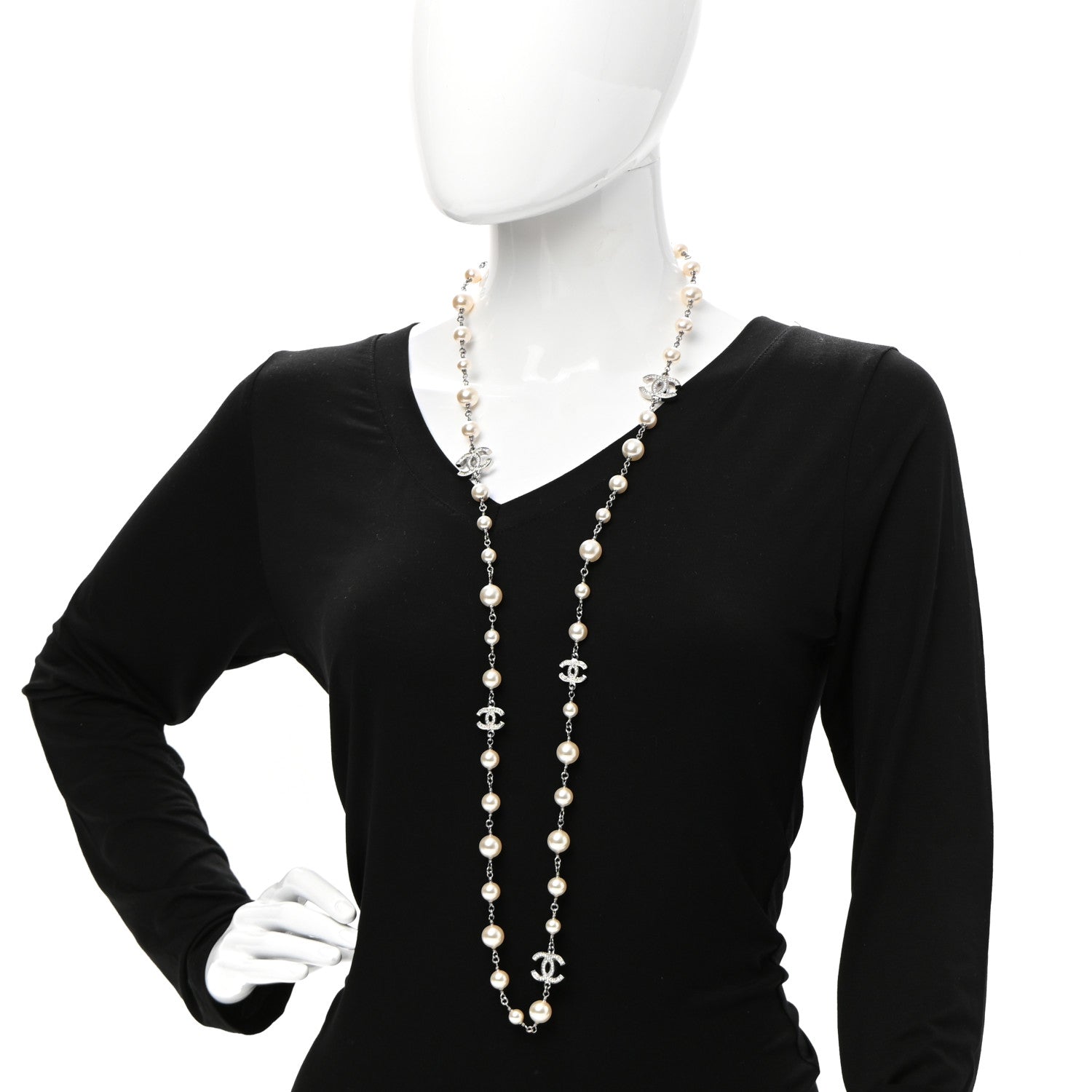 Chanel Graduated Pearl Crystal CC Long Necklace Silver 2 of 7