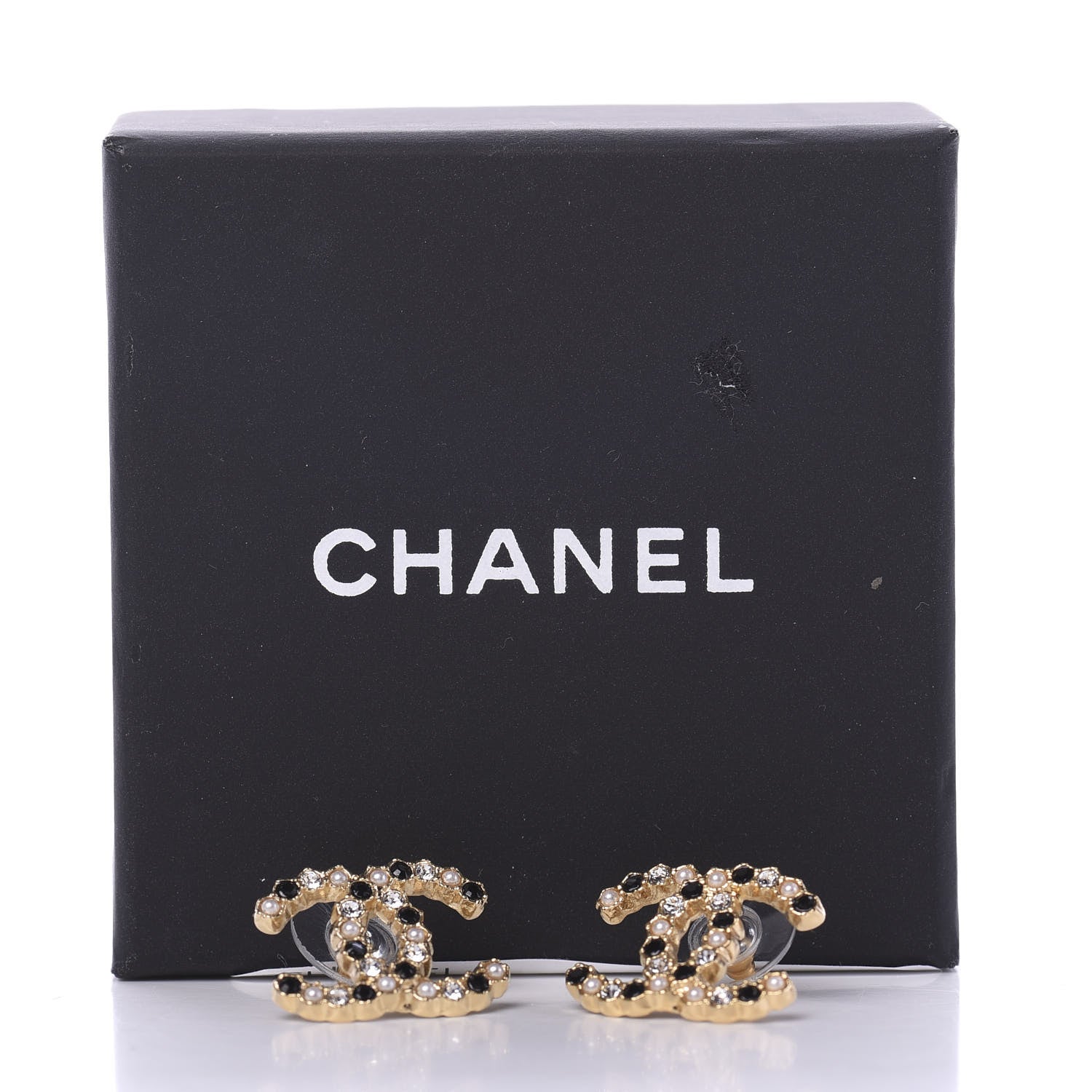 Chanel Resin Pearl Crystal CC Earrings Gold Black 5 of 5