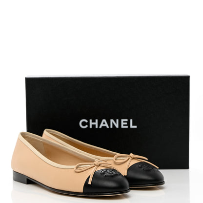 Chanel Lambskin Cap Toe CC Ballerina Flats 37.5 Beige Black 9 of 9