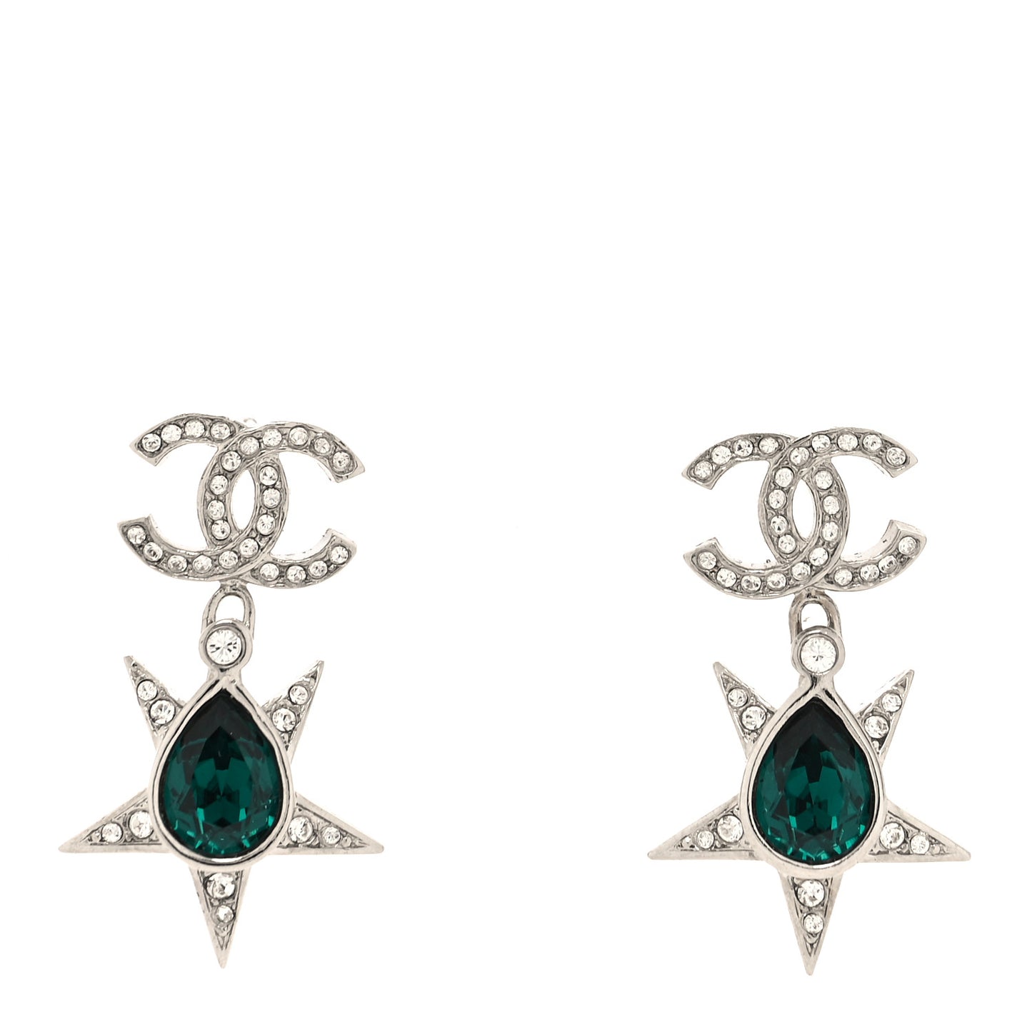 Crystal CC Star Drop Earrings Silver Green