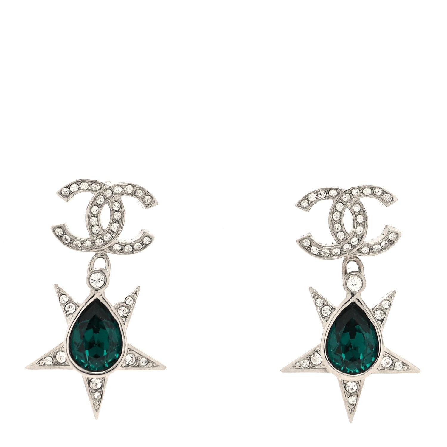 Chanel Crystal CC Star Drop Earrings Silver Green 1 of 5