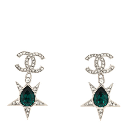 Chanel Crystal CC Star Drop Earrings Silver Green 1 of 5
