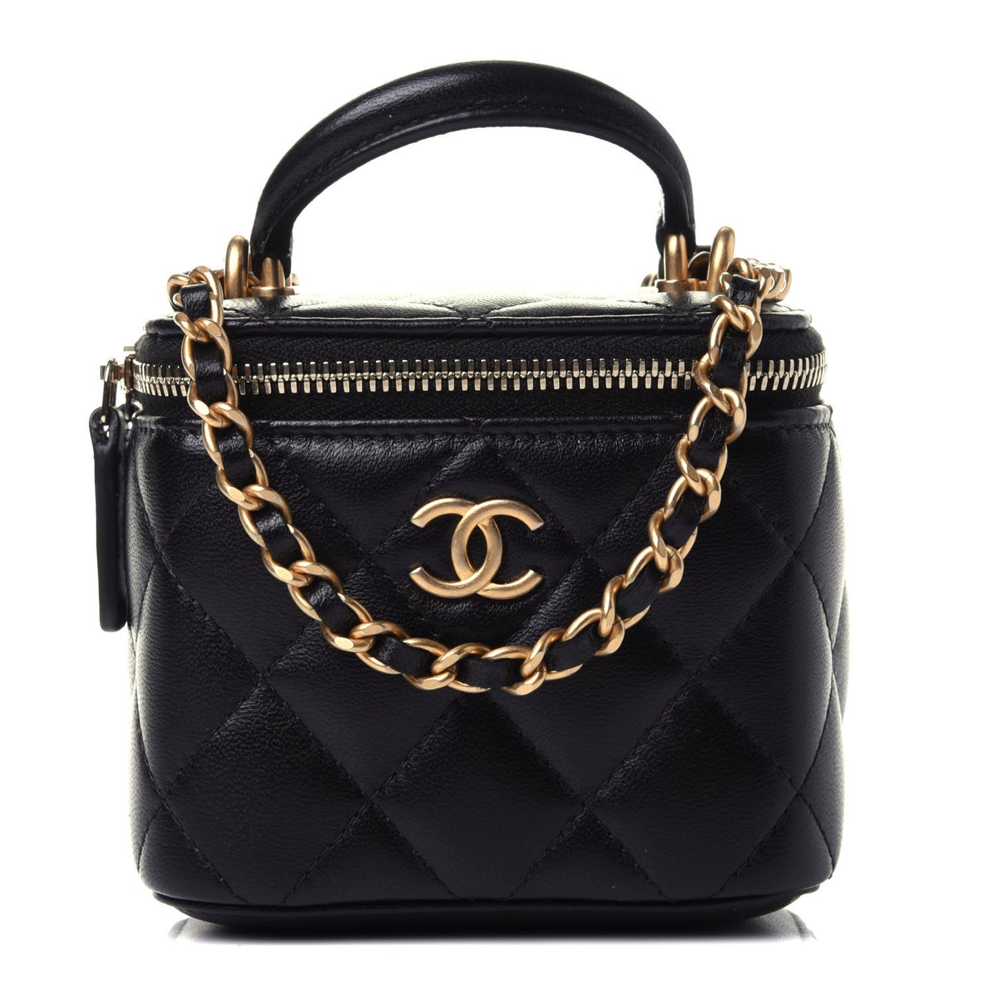 Lambskin Quilted Top Handle Mini Vanity Case With Chain Black