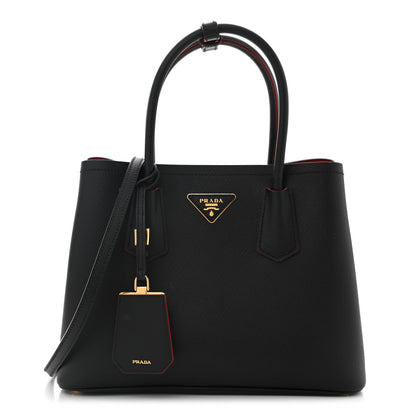 Prada Saffiano Cuir Small Double Bag Black Fuoco 1 of 9
