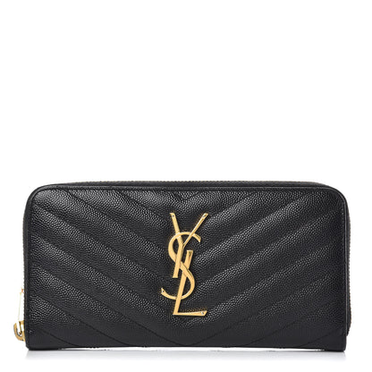 Saint Laurent Grain De Poudre Matelasse Chevron Monogram Zip Around Wallet Black 1 of 8