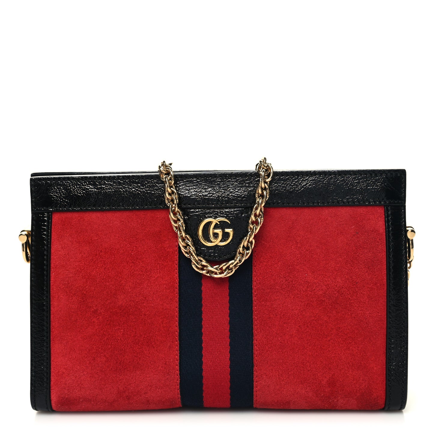 Suede Patent Web Small Ophidia Chain Shoulder Bag Hibiscus Red Black