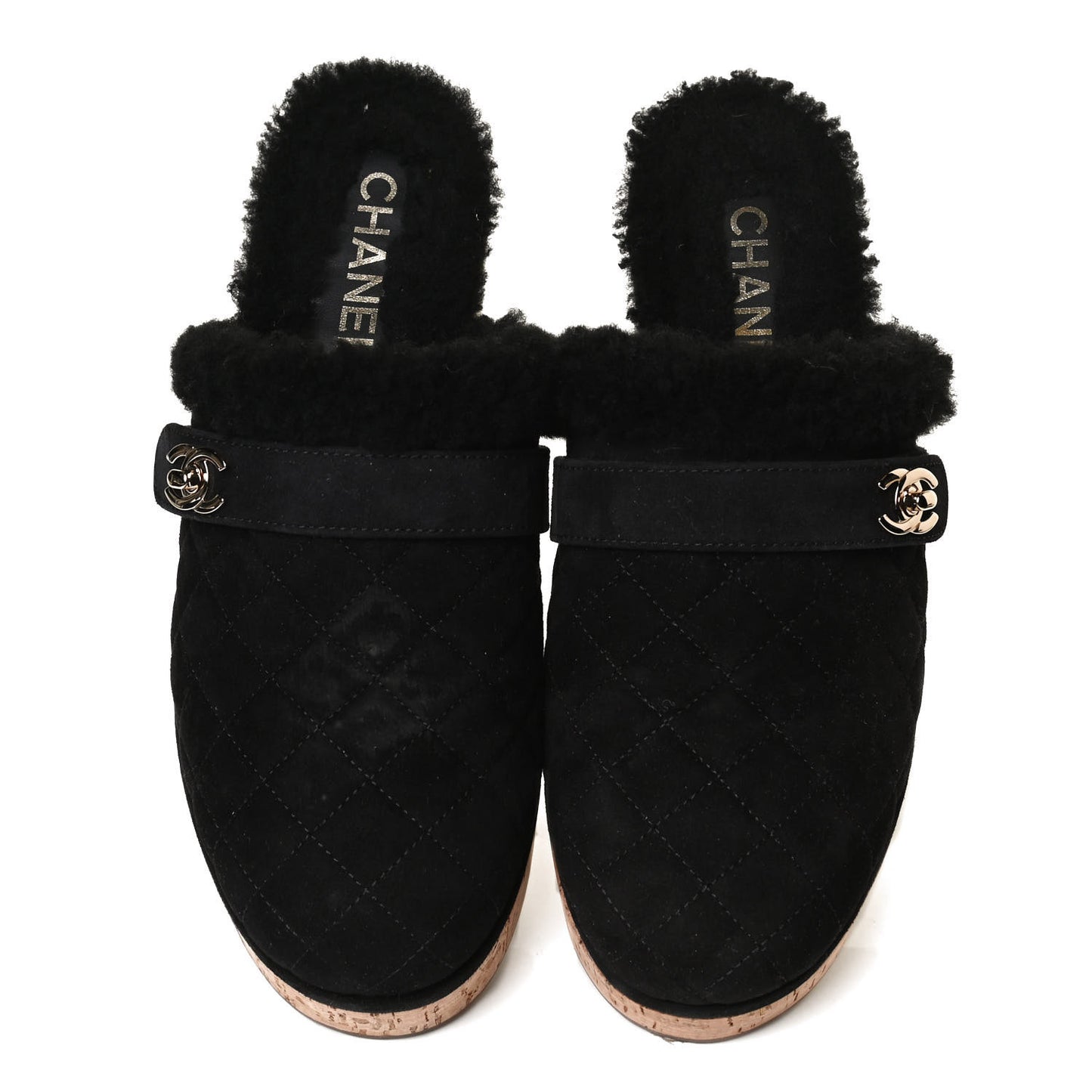 Suede Calfskin Shearling Turn Lock Clogs 38 Black