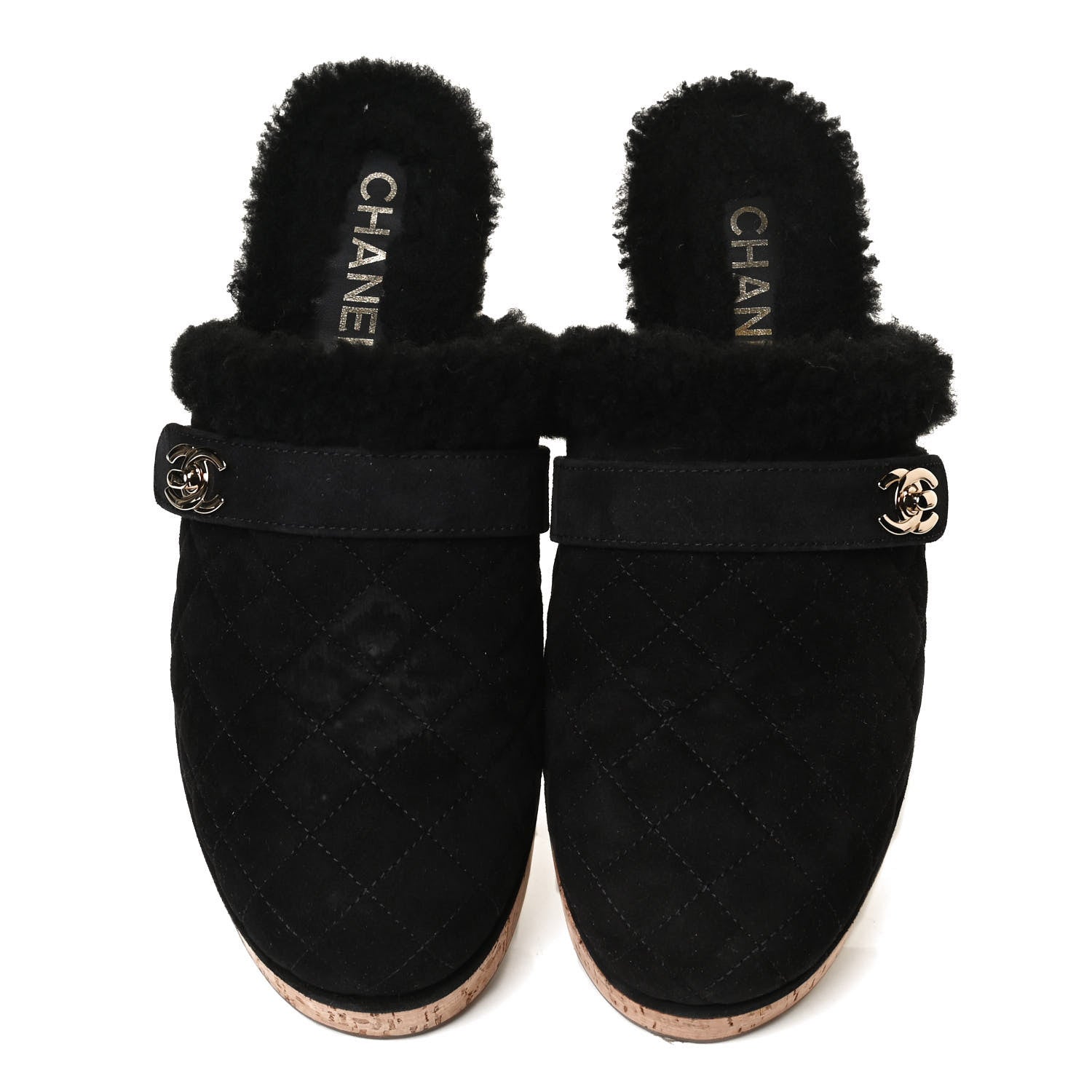 Chanel Suede Calfskin Shearling Turn Lock Clogs 38 Black 5 of 12