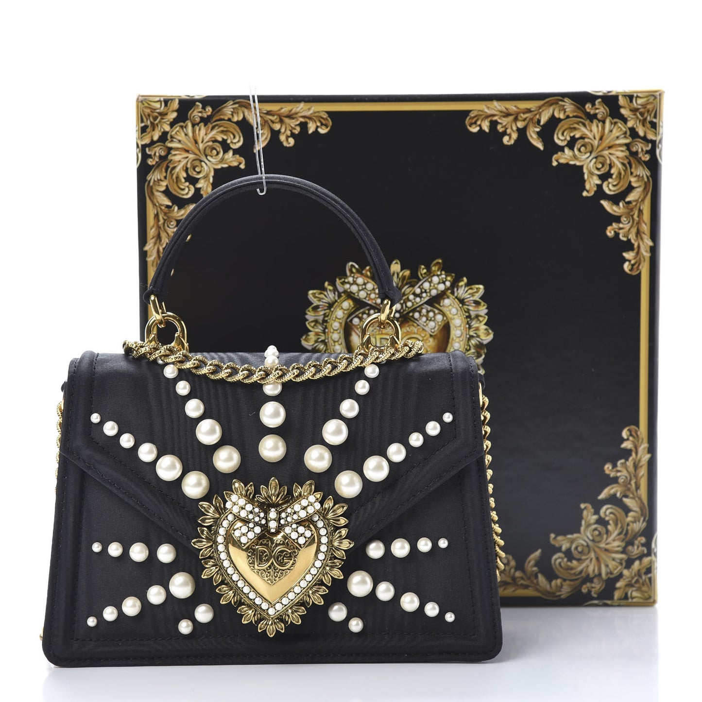 Moire Pearl Embellished Small Devotion Top Handle Bag Black