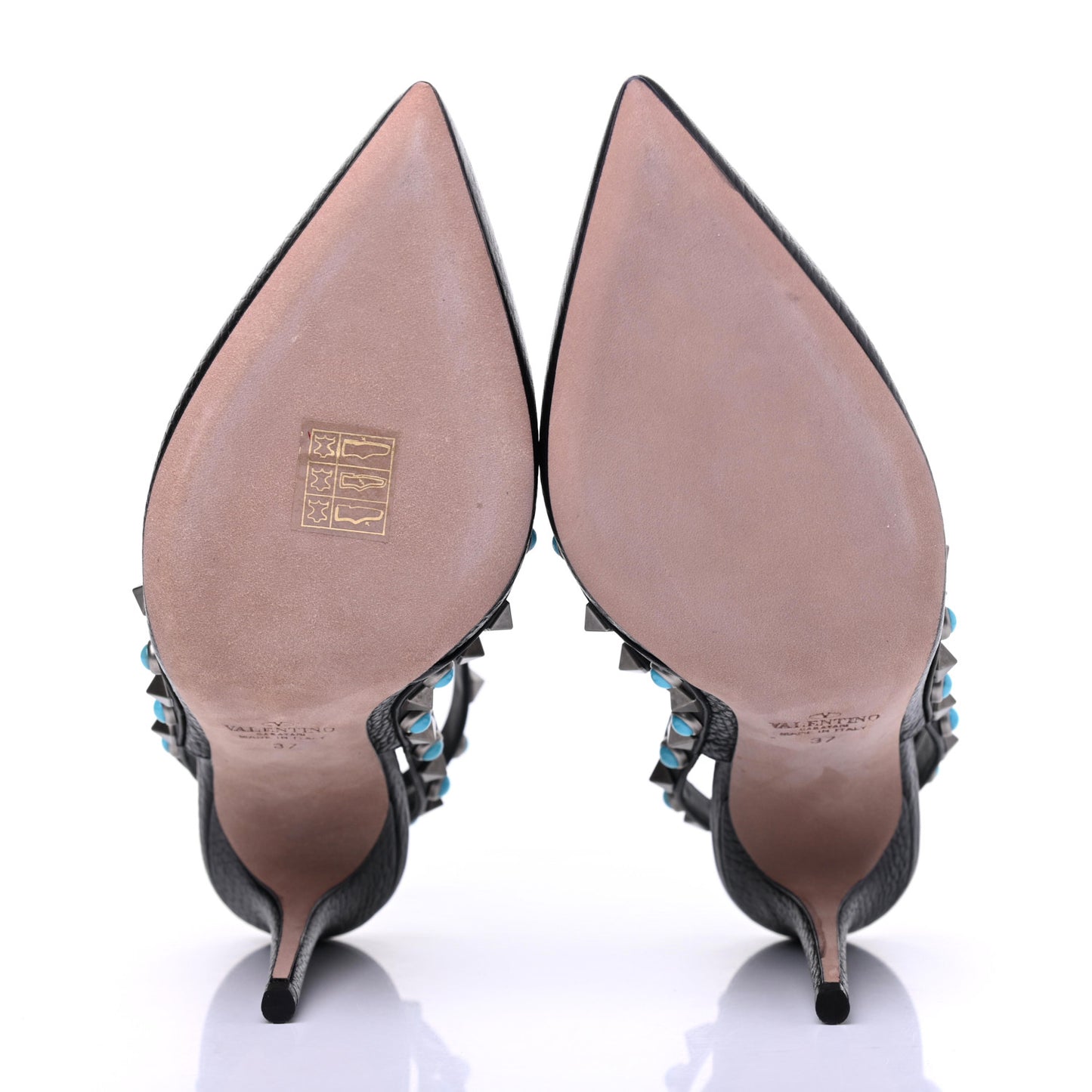 Pebbled Calfskin Turquoise Rockstud Rolling Ankle Strap 100mm Pumps 37 Black