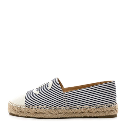 Chanel Canvas Striped Patent CC Espadrilles 37 Ivory Navy White 1 of 11