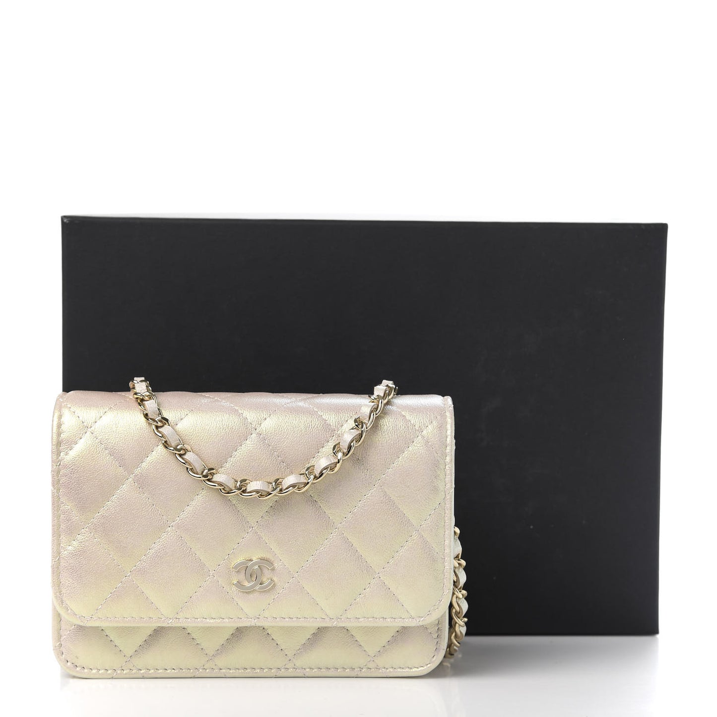Iridescent Lambskin Quilted Mini Wallet On Chain WOC Ivory
