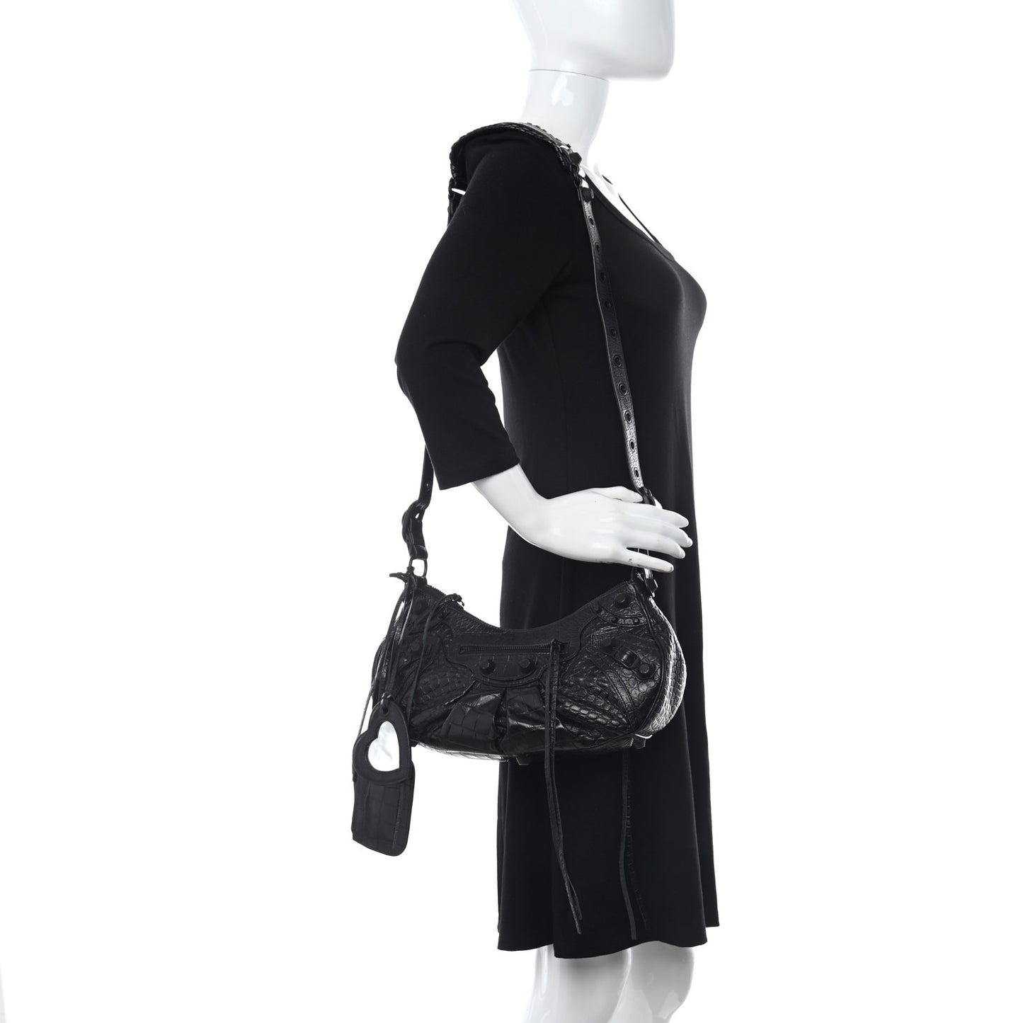 Extra Supple Calfskin Crocodile Embossed Monochrome Small Le Cagole Shoulder Bag Black