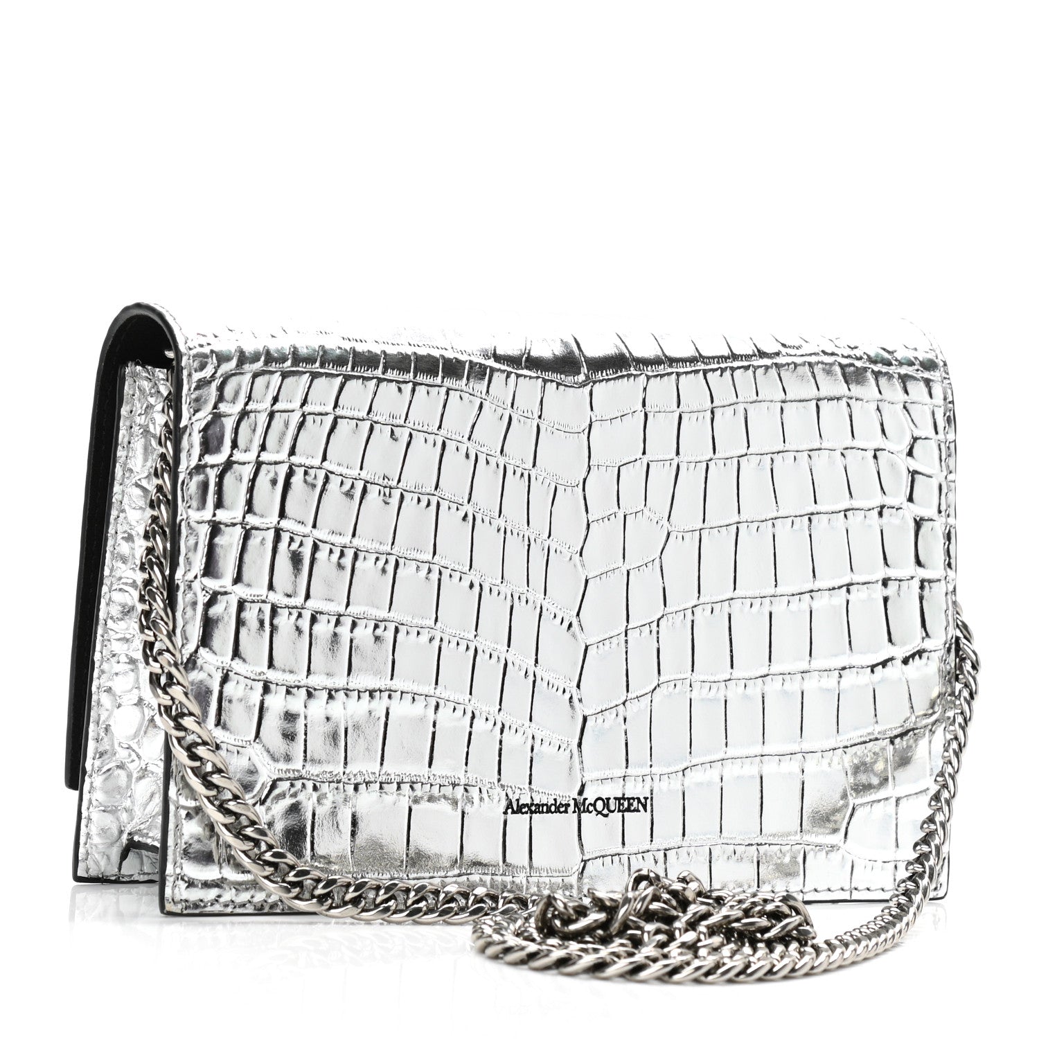 Alexander McQueen Metallic Calfskin Crocodile Embossed Skull Mini Shoulder Bag Silver 3 of 10