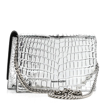 Alexander McQueen Metallic Calfskin Crocodile Embossed Skull Mini Shoulder Bag Silver 3 of 10