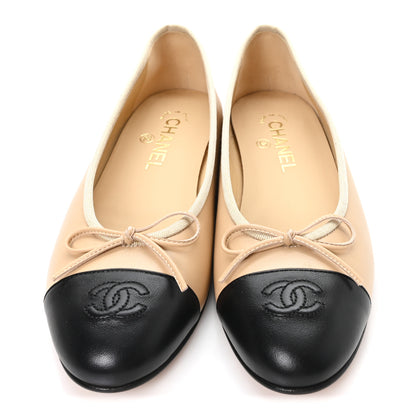 Chanel Lambskin Cap Toe CC Ballerina Flats 38.5 Beige Black 3 of 10