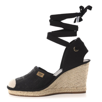 Fendi Canvas FF Embroidered Roma Ankle Wrap Espadrille Wedges 39 Black 1 of 9
