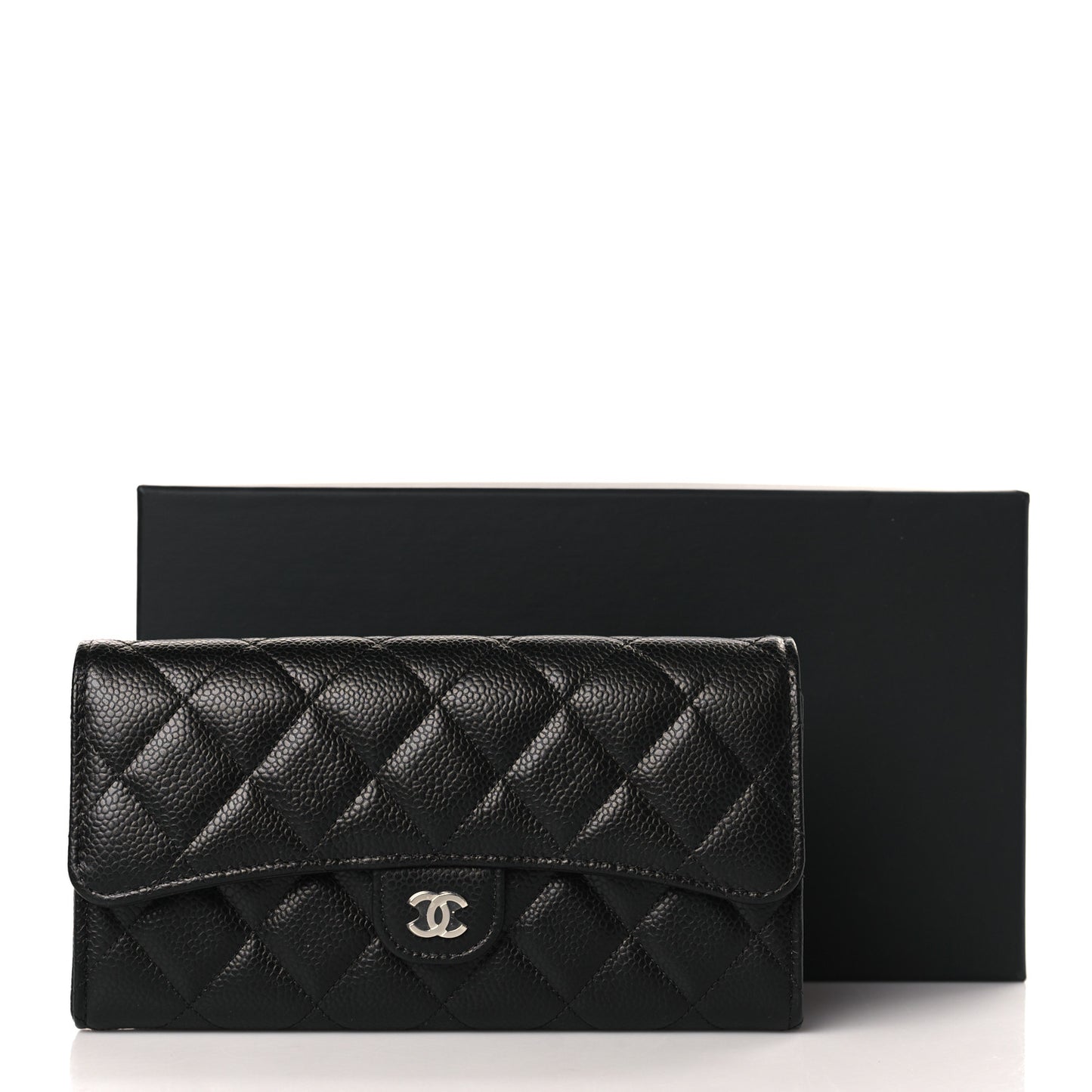 Caviar Quilted Large Gusset Flap Wallet Black