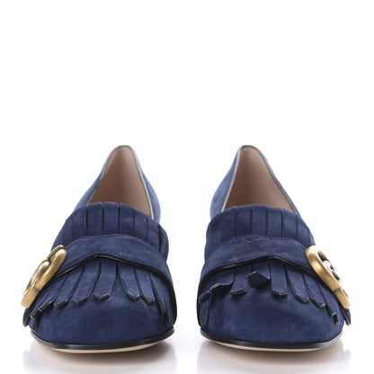 Gucci Kid Scamosciato GG Marmont Fringe 50mm Loafer Pumps 35 Blue Ink 2 of 10