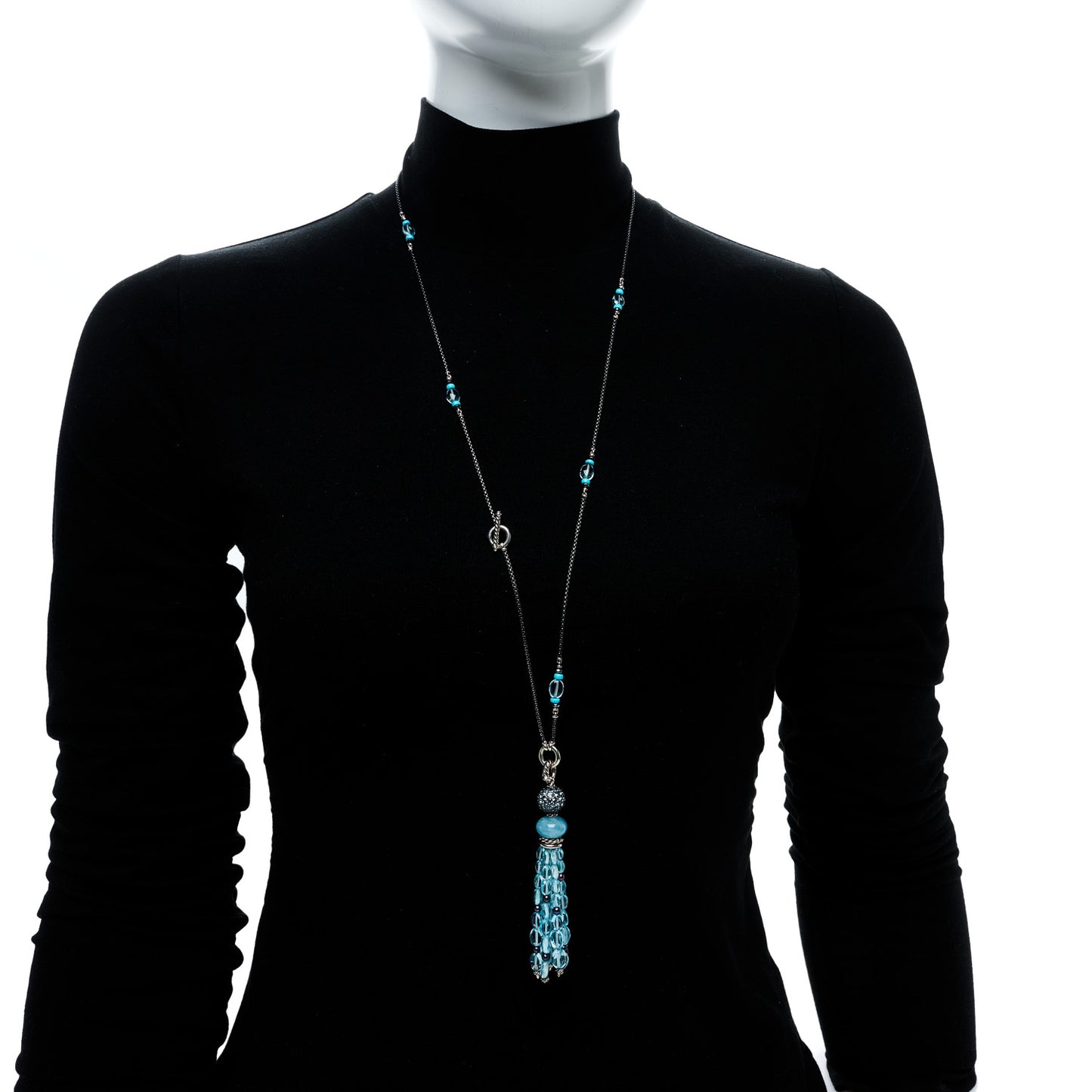 Sterling Silver Aquamarine Blue Topaz Hematite Cultured Pearl Mustique Tassel Necklace