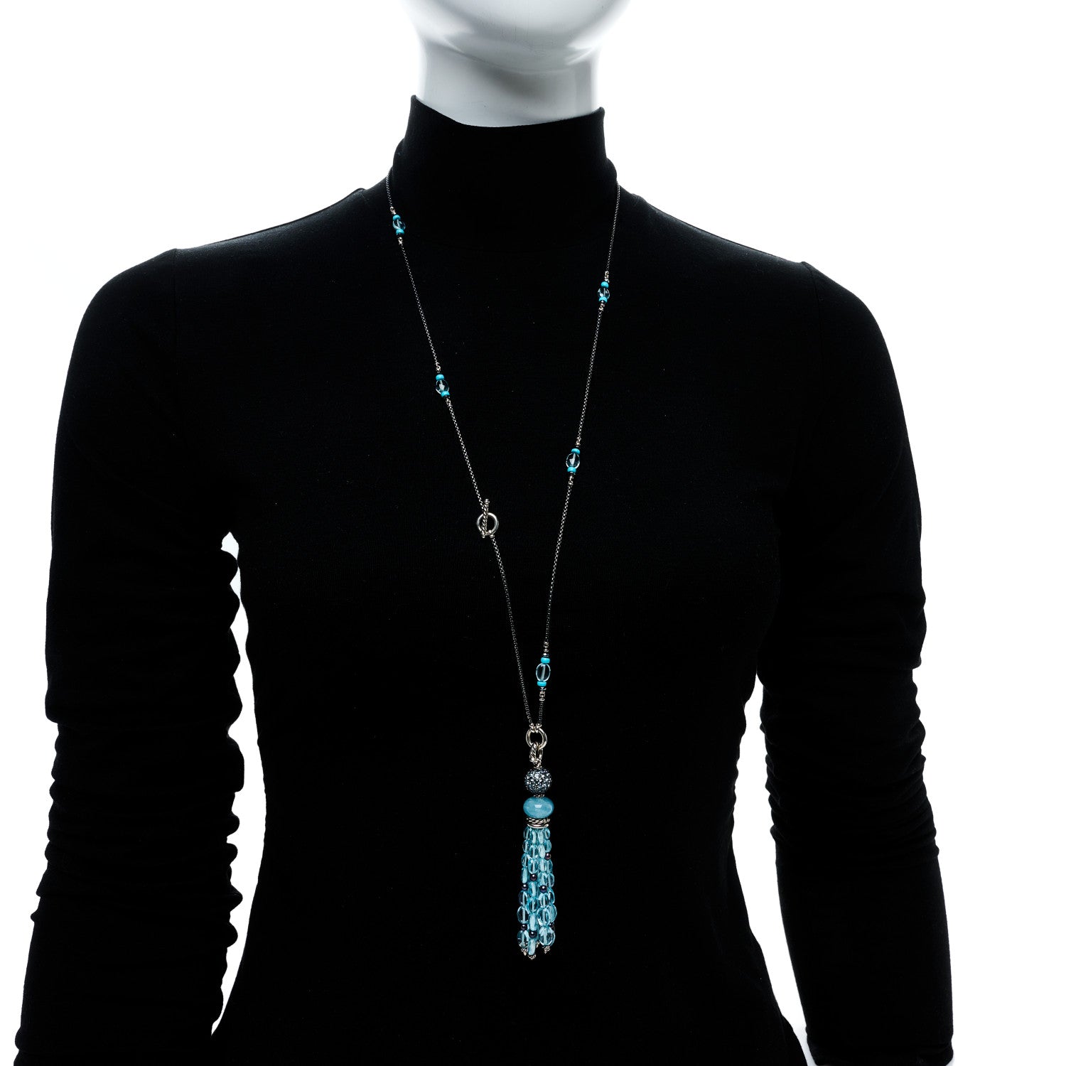 David Yurman Sterling Silver Aquamarine Blue Topaz Hematite Cultured Pearl Mustique Tassel Necklace 2 of 4