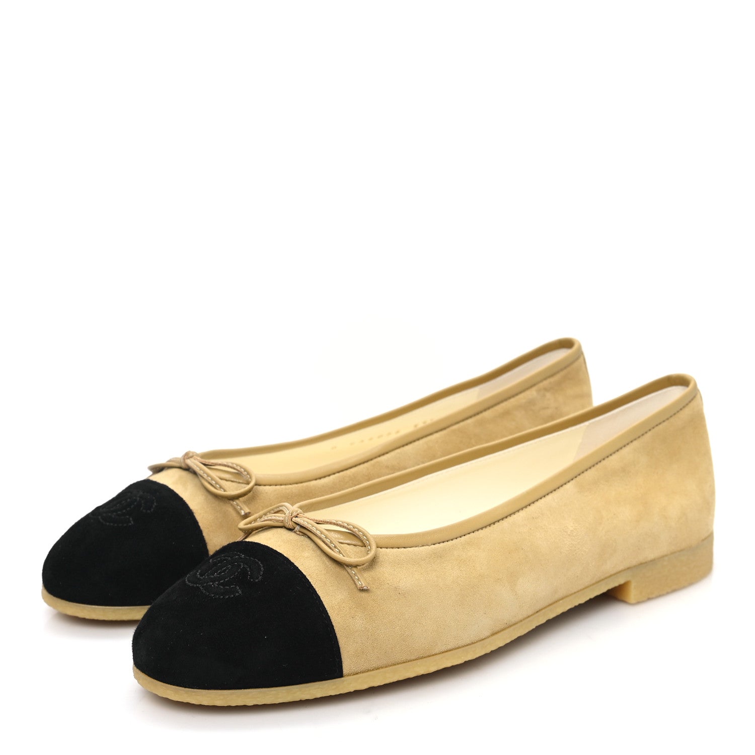 Chanel Suede Cap Toe CC Ballerina Flats 37.5 Beige Black 3 of 9