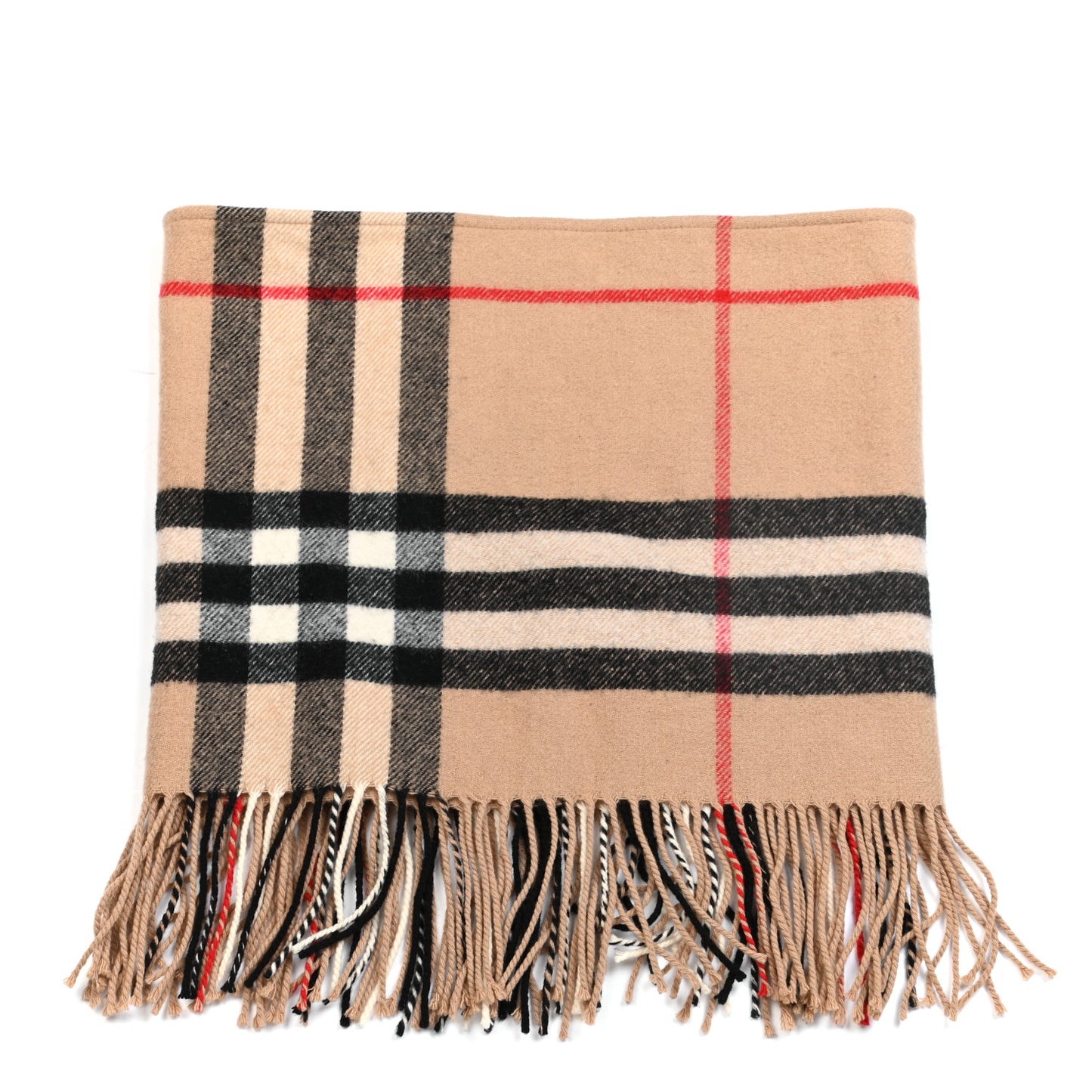 Cashmere Giant Check Fringe Scarf Camel