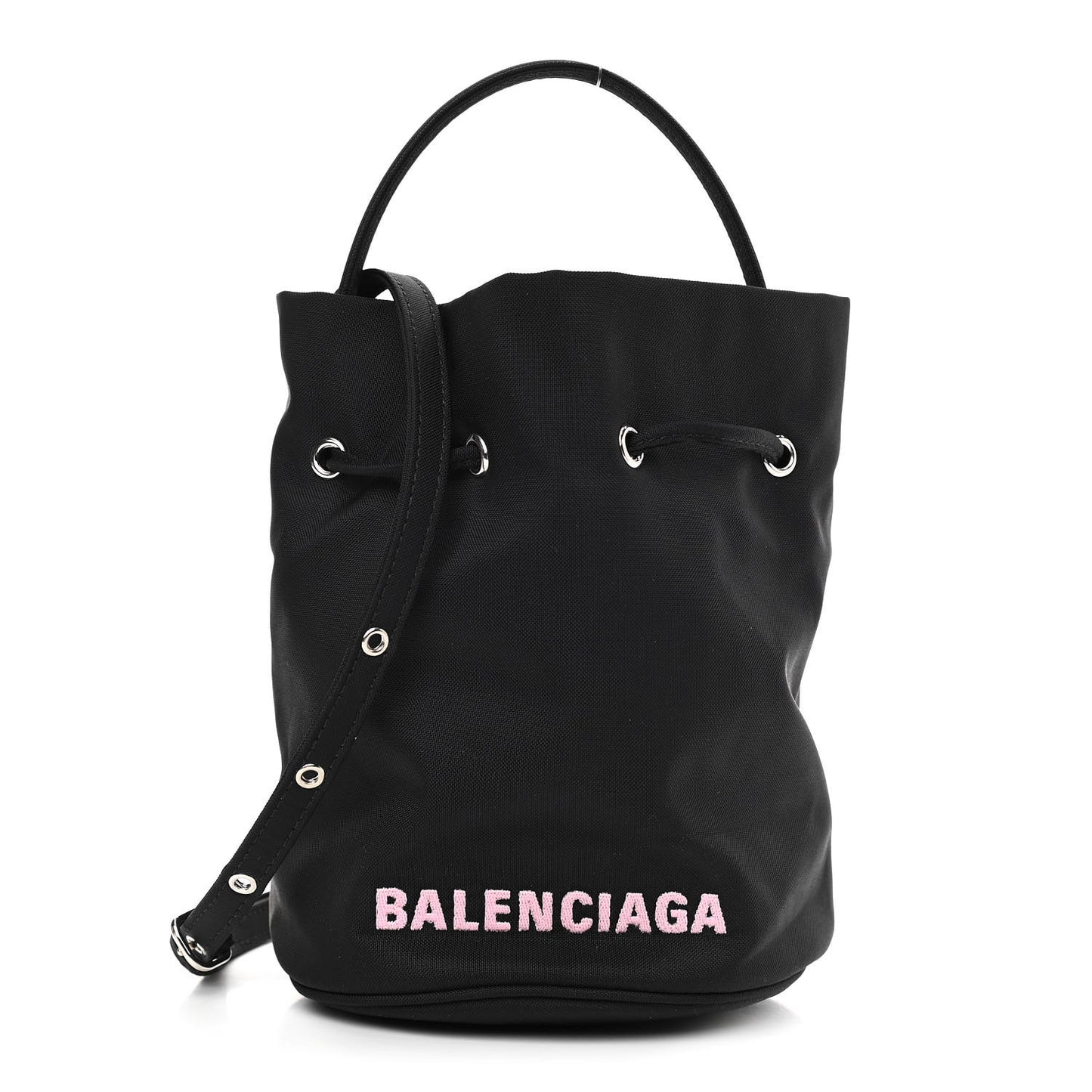 Recycled Sport Nylon Logo Embroidered Wheel Drawstring Bucket Bag Black Pink