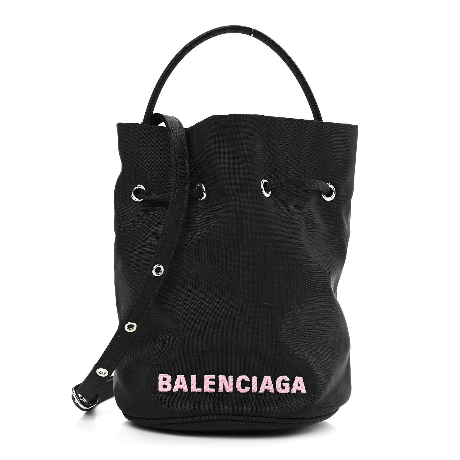 Balenciaga Recycled Sport Nylon Logo Embroidered Wheel Drawstring Bucket Bag Black Pink 1 of 10