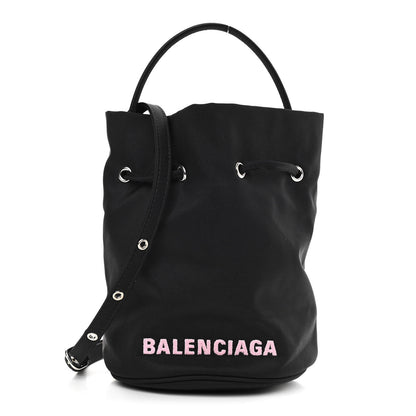 Balenciaga Recycled Sport Nylon Logo Embroidered Wheel Drawstring Bucket Bag Black Pink 1 of 10