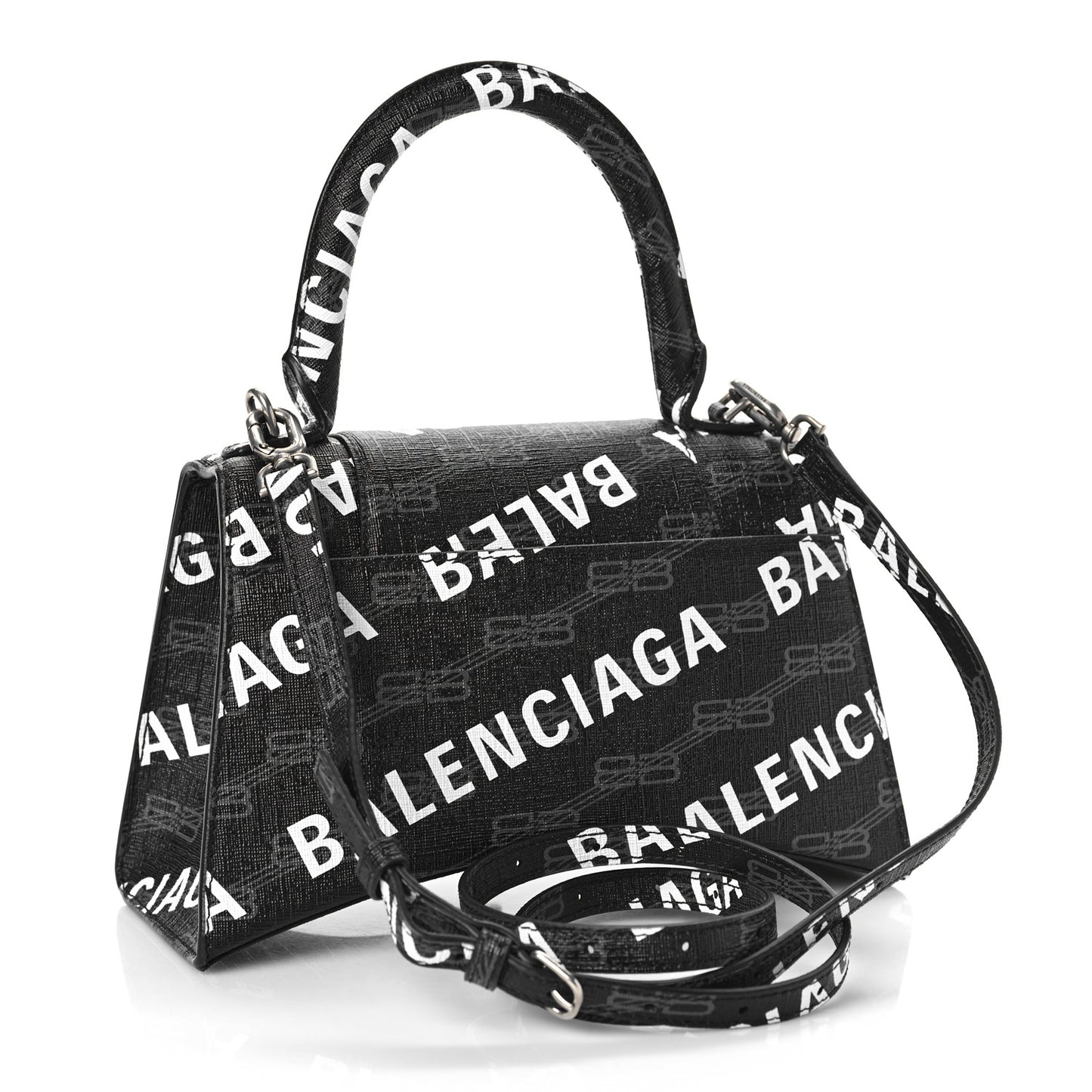 Coated Canvas BB Monogram Allover Logo Small Hourglass Top Handle Bag Black Grey White