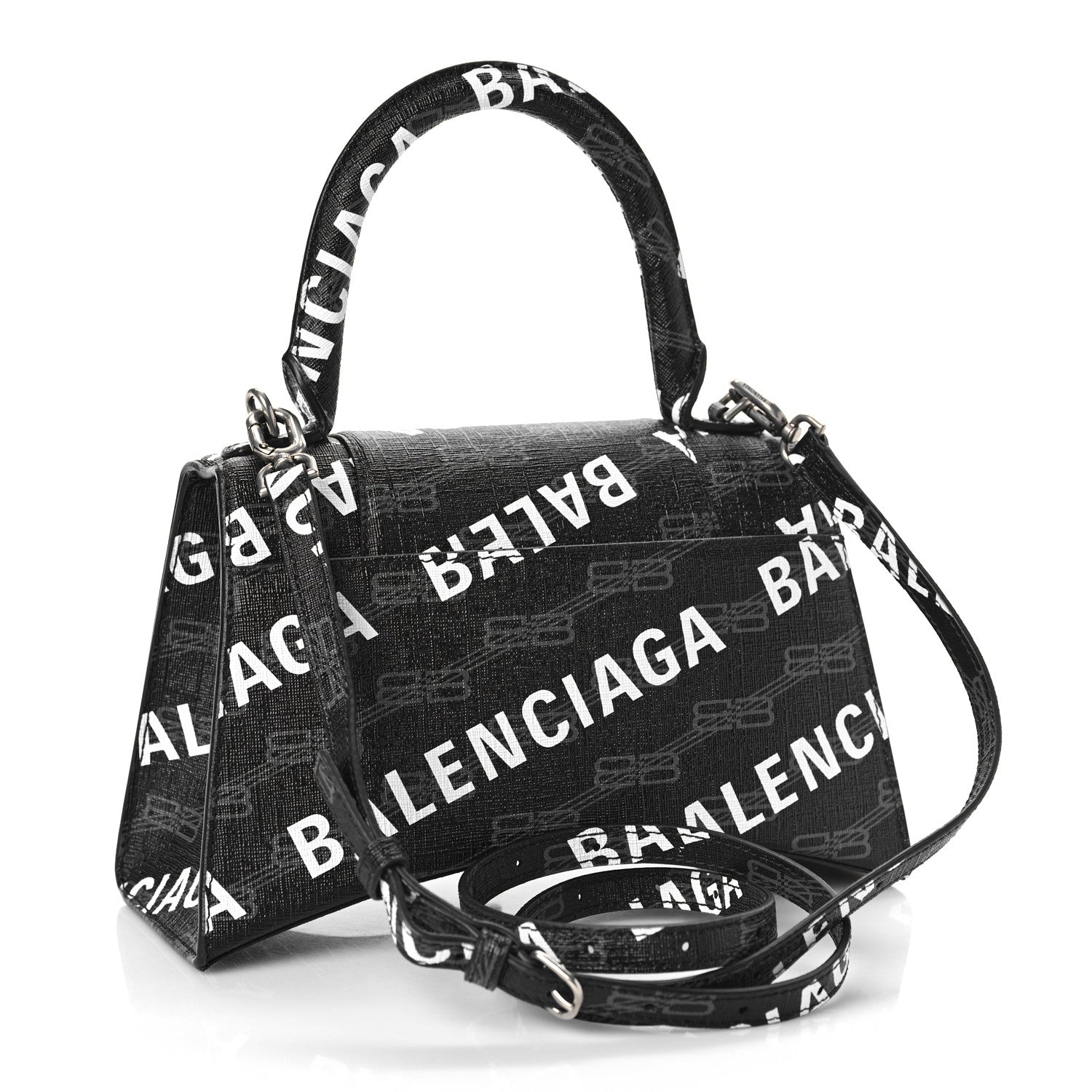 Balenciaga Coated Canvas BB Monogram Allover Logo Small Hourglass Top Handle Bag Black Grey White 2 of 8